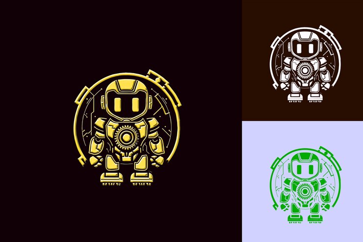 PSD logotipo de mascota robot futurista con un engranaje y una placa de circuito d diseños vectoriales abstractos lindos