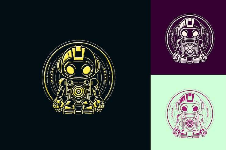 PSD logotipo de mascota robot futurista con un engranaje y una placa de circuito d diseños vectoriales abstractos lindos