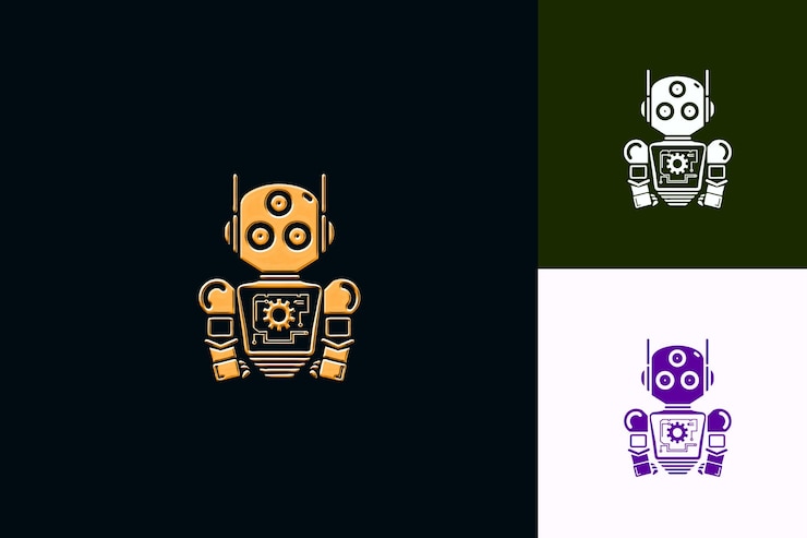 PSD logotipo de mascota robot futurista con un engranaje y una placa de circuito d diseños vectoriales abstractos lindos