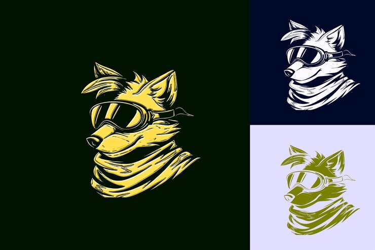 PSD logotipo de la mascota sly fox con una bufanda y gafas diseñadas con un lindo diseño vectorial abstracto