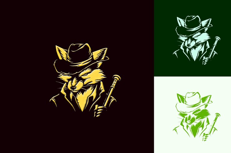 PSD el logotipo de la mascota sly fox con un sombrero y un bastón diseñado con un diseño vectorial abstracto y lindo de vint