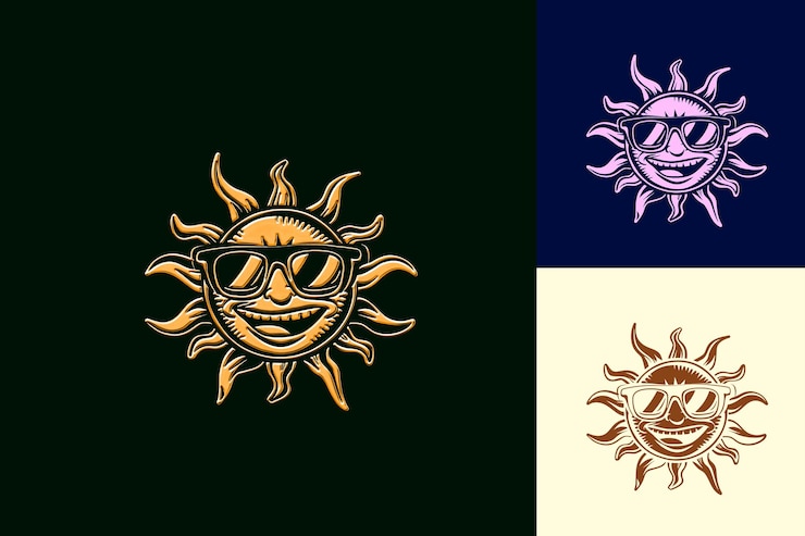 PSD el logotipo de la mascota del sol alegre con rayos y gafas de sol diseñado con dibujos vectoriales abstractos y lindos