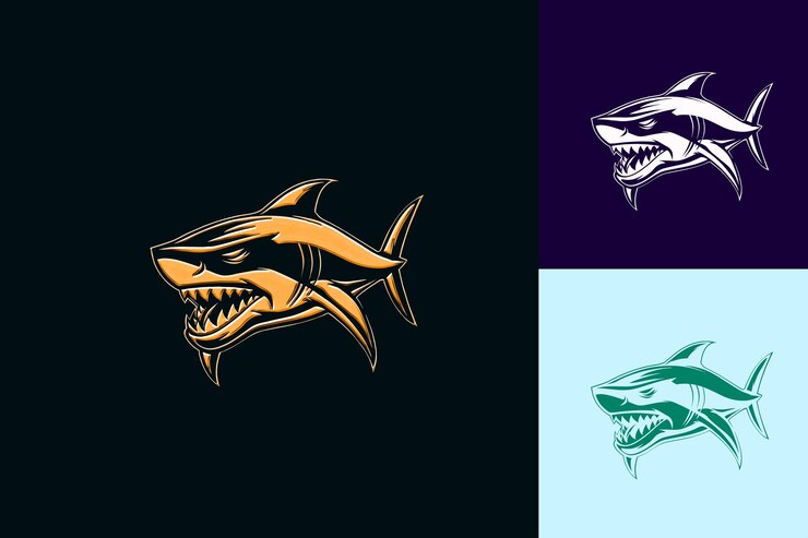 PSD el logotipo de la mascota del tiburón feroz con una aleta y dientes diseñados con hermosos diseños vectoriales abstractos
