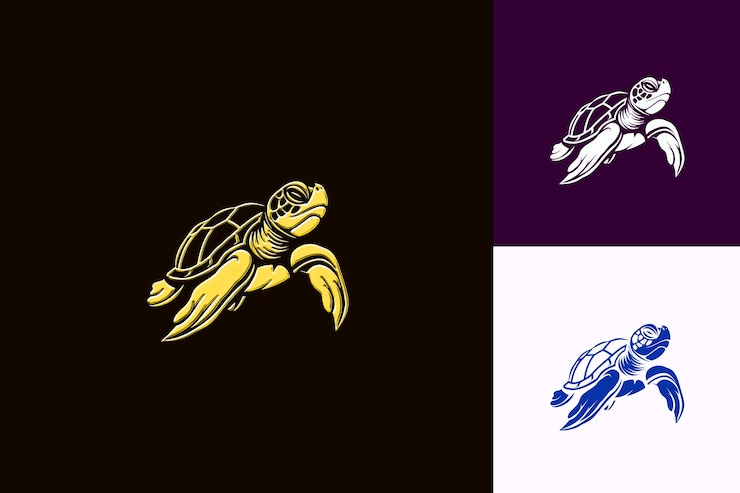 PSD el logotipo de la mascota de la tortuga enérgica con una concha y aletas diseña diseños vectoriales abstractos lindos
