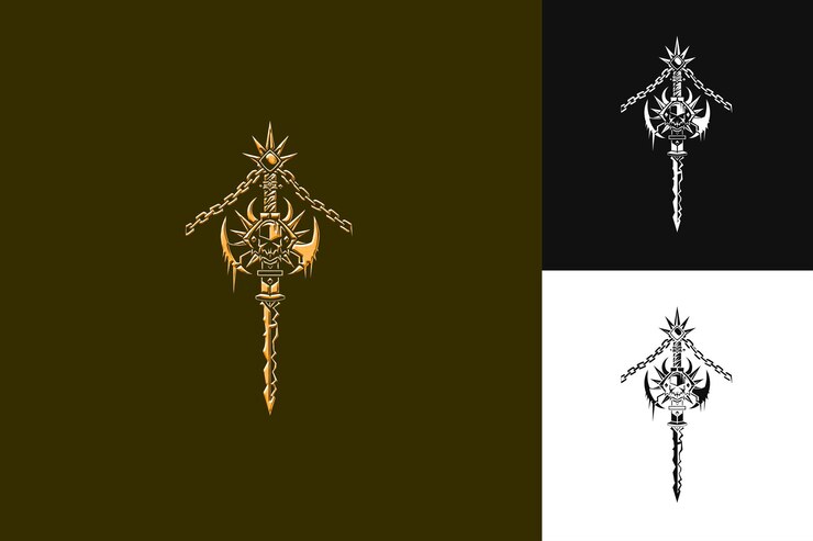 PSD logotipo de mazas medievales con picos y decoraciones de cadenas con un diseño vectorial abstracto colecciones