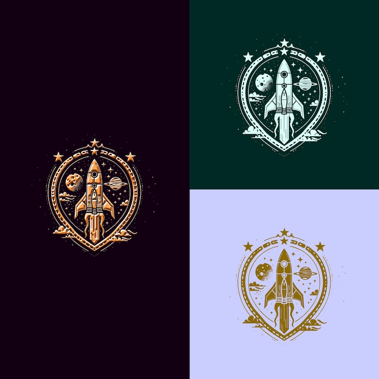 PSD el logotipo de la medalla del premio de ciencia ficción y fantasía con diseños vectoriales creativos y únicos de naves espaciales