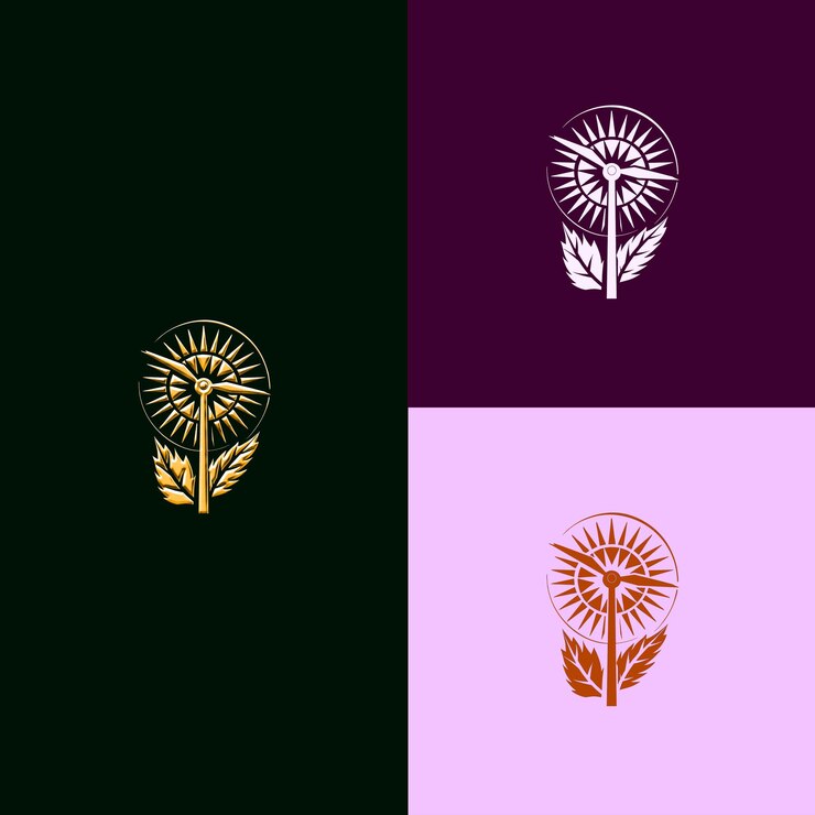 PSD el logotipo de la medalla del premio de energía renovable con la turbina eólica y el sol diseños vectoriales creativos y únicos