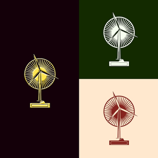 PSD el logotipo de la medalla del premio de energía renovable con la turbina eólica y el sol diseños vectoriales creativos y únicos