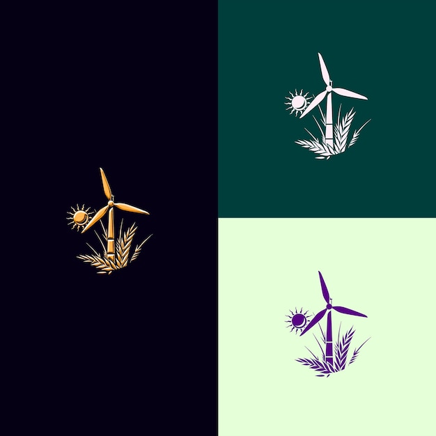 El logotipo de la medalla del premio de energía renovable con la turbina eólica y el sol diseños vectoriales creativos y únicos