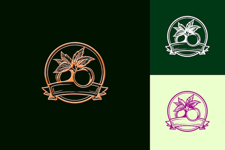 PSD logotipo de medallón de néctarino perfumado con hojas decorativas y diseños vectoriales creativos y minimalistas