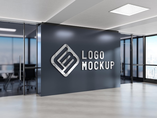 Logotipo na parede do escritório com efeito de metal 3d mockup