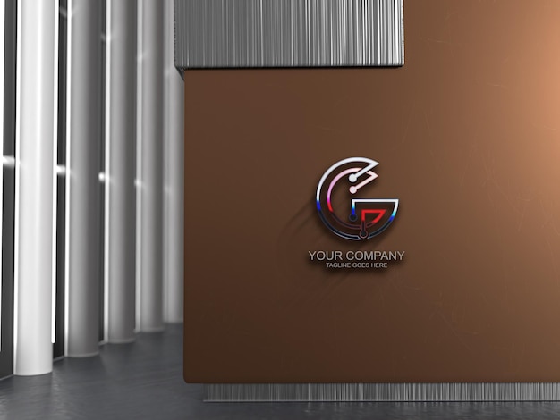 El logotipo de la oficina es un letrero de vidrio en la pared Mockup PSD
