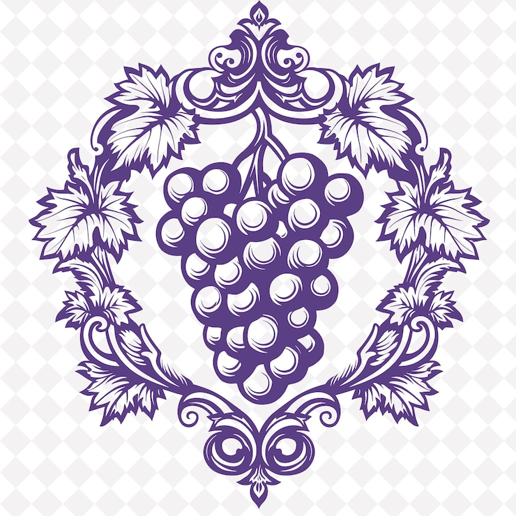 PSD logotipo ornamentado de videira com cachos decorativos de uvas e desenhos criativos de vetores de plantas