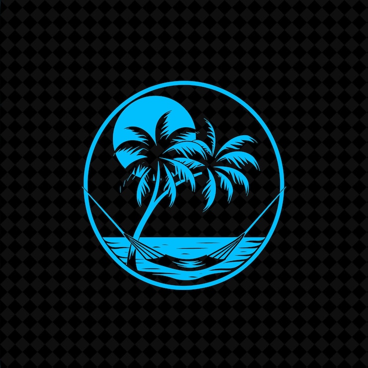 PSD logotipo de palmera pacífica con hamaca decorativa y puesta de sol d diseños vectoriales de plantas creativas
