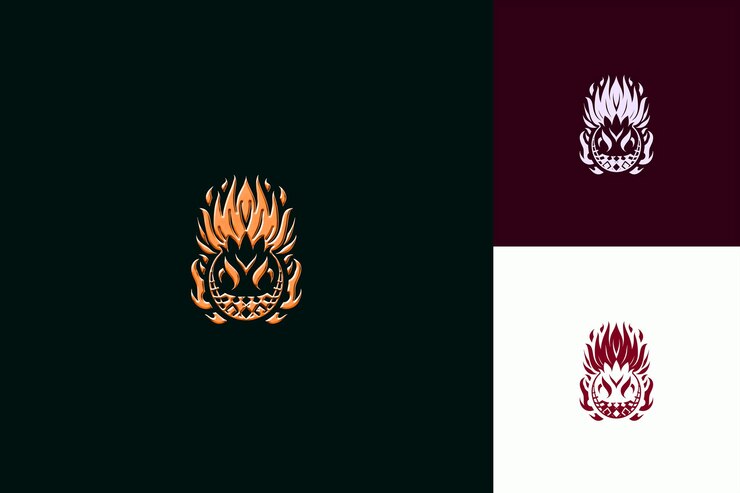 PSD logotipo de personaje de frutas de dragón exótico con llamas decorativas un diseño vectorial creativo y minimalista