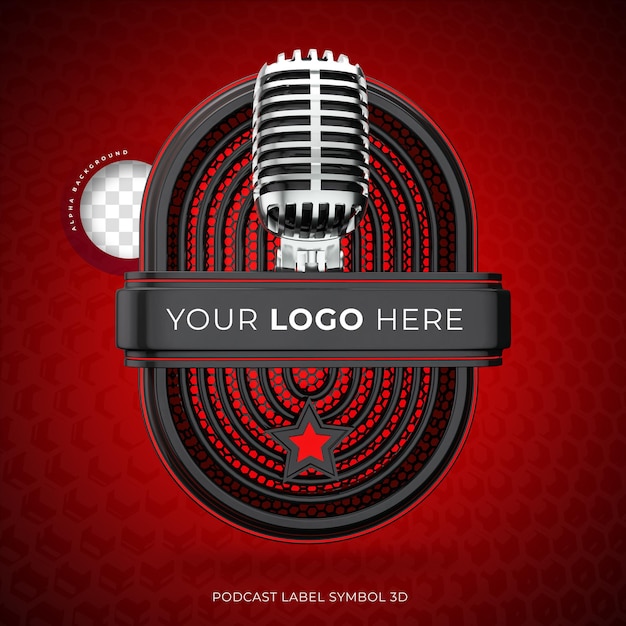 PSD logotipo de podcast 3d realista con renderizado de micrófono