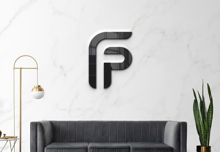 logotipo prateado na maquete da parede do escritório