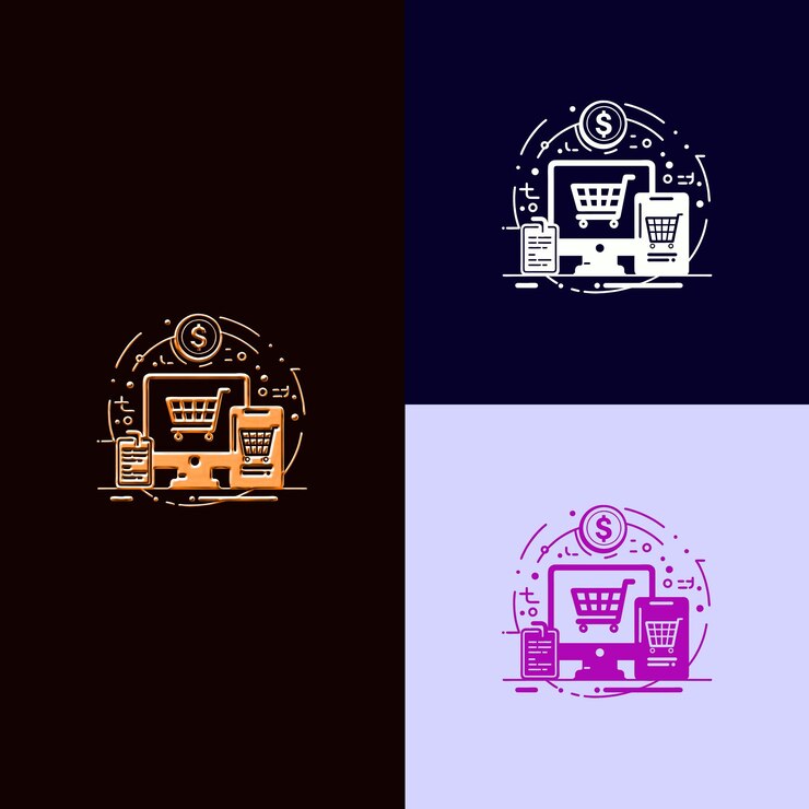 PSD logotipo del premio de comercio electrónico con un carrito de compras y una computadora en diseños vectoriales creativos y únicos