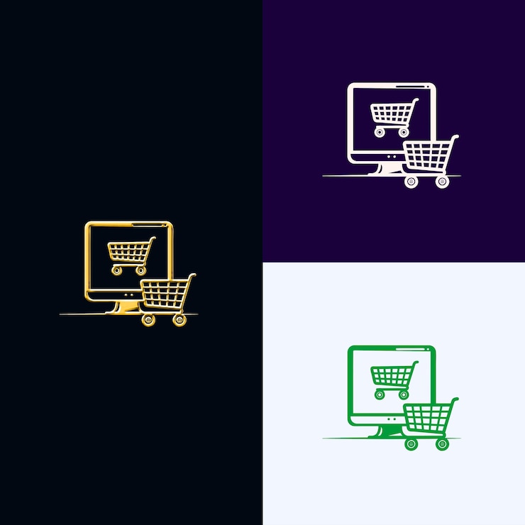 PSD logotipo del premio de comercio electrónico con un carrito de compras y una computadora en diseños vectoriales creativos y únicos