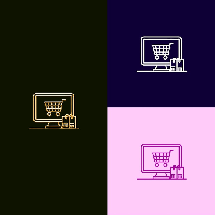 PSD logotipo del premio de comercio electrónico con un carrito de compras y una computadora en diseños vectoriales creativos y únicos