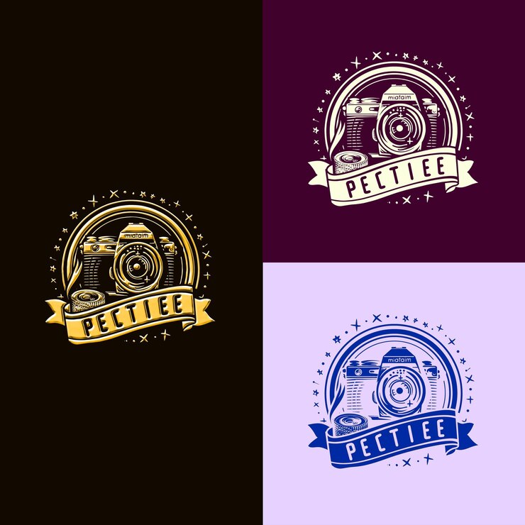 PSD logotipo del premio de fotografía y videografía con cámara y diseños vectoriales creativos y únicos