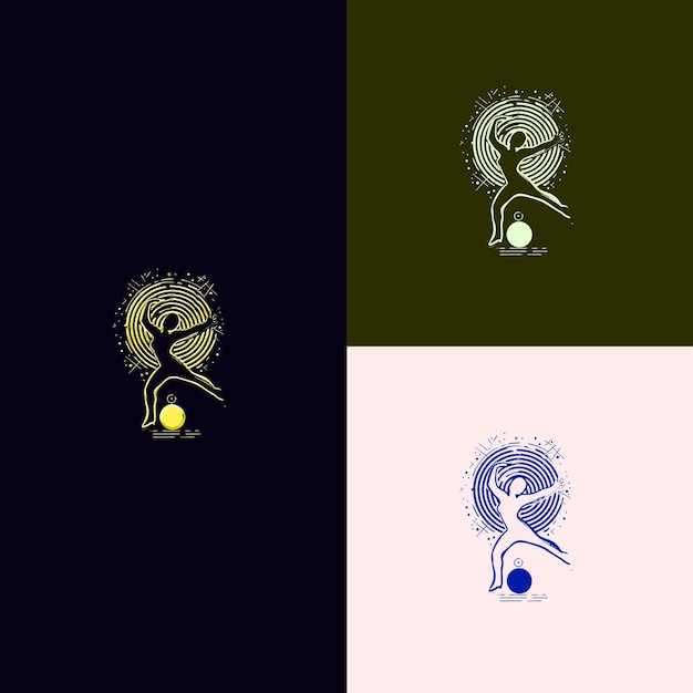 El logotipo del premio del juego de baile con un bailarín y una pelota de discoteca para D Diseños vectoriales creativos y únicos