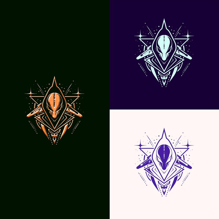 PSD logotipo del premio de juego de ciencia ficción con una nave espacial y un ali diseños vectoriales creativos y únicos
