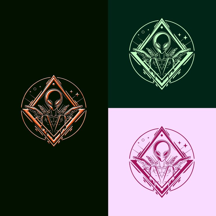 PSD logotipo del premio de juego de ciencia ficción con una nave espacial y un ali diseños vectoriales creativos y únicos