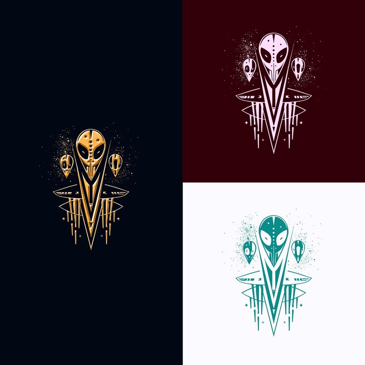 PSD logotipo del premio de juego de ciencia ficción con una nave espacial y un ali diseños vectoriales creativos y únicos