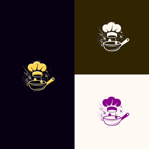 Logotipo del premio del juego de cocina con un sombrero de chef y una sartén Fo Diseños vectoriales creativos y únicos