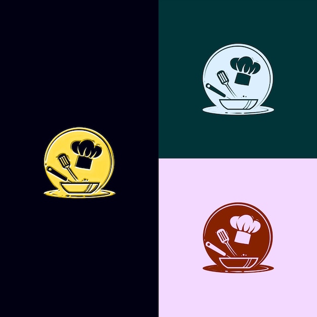 Logotipo del premio del juego de cocina con un sombrero de chef y una sartén Fo Diseños vectoriales creativos y únicos