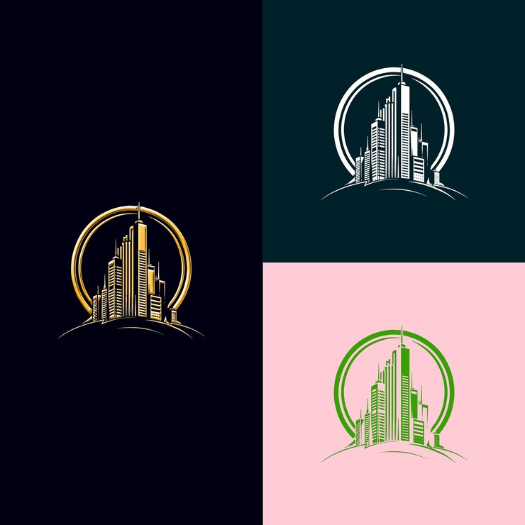 PSD logotipo del premio del juego de construcción de la ciudad con un horizonte y un plan diseños vectoriales creativos y únicos