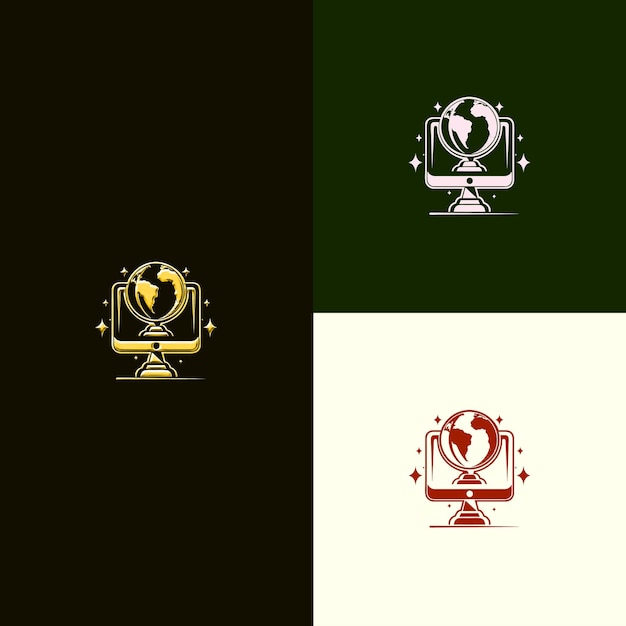 Logotipo del premio de juego en línea con una computadora y un globo para decoración Diseños vectoriales creativos y únicos