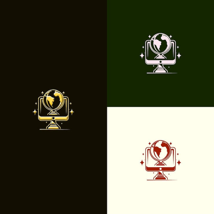 PSD logotipo del premio de juego en línea con una computadora y un globo para decoración diseños vectoriales creativos y únicos