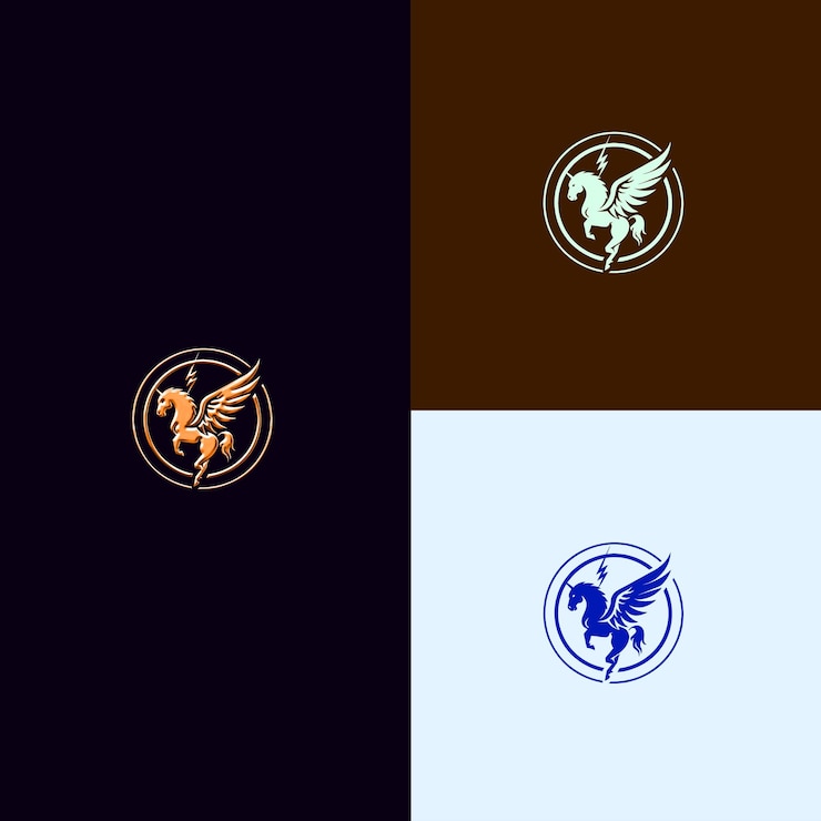 PSD logotipo del premio del juego mitológico con un pegasus y un relámpago diseños vectoriales creativos y únicos