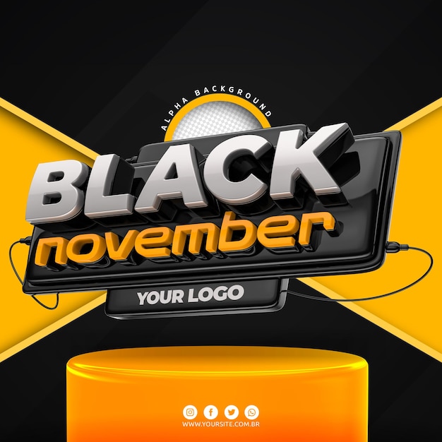 PSD logotipo preto 3d de novembro para composição