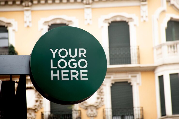PSD logotipo redondo de la marca mockup retroiluminado en la acera con un edificio histórico en desenfocado en el fondo