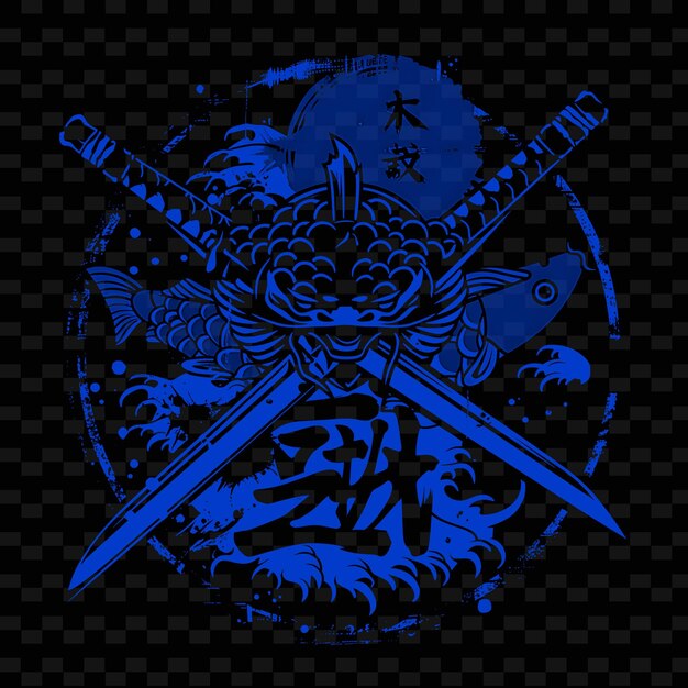 PSD logotipo de samurai mon feudal con peces koi y espadas katana para diseños vectoriales tribales creativos