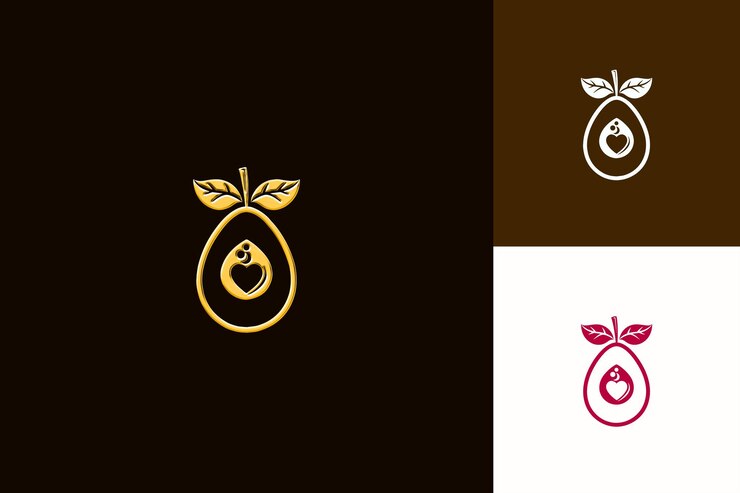 PSD logotipo de sello de aguacate nutritivo con hojas decorativas y un diseño vectorial creativo y minimalista