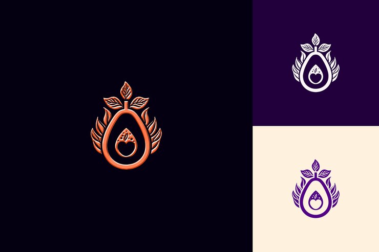 PSD logotipo de sello de aguacate nutritivo con hojas decorativas y un diseño vectorial creativo y minimalista