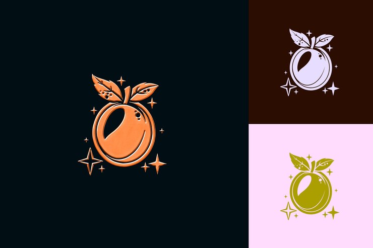 PSD logotipo de sello de ciruela nutritiva con hojas decorativas y una estrella diseños vectoriales creativos y minimalistas
