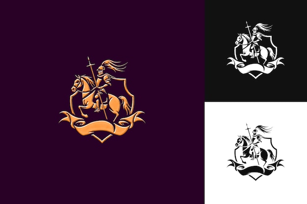 Logotipo del sello del jinete caballero con una lanza y una bandera Decora Colecciones de diseño vectorial abstracto