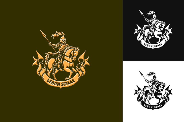 PSD logotipo del sello del jinete caballero con una lanza y una bandera decora colecciones de diseño vectorial abstracto