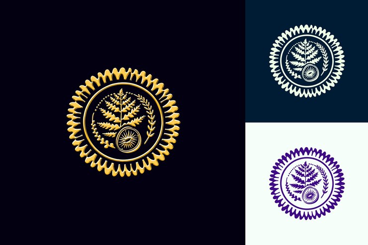 PSD logotipo de sello de tarta de kiwi con marco circular y hoja de helecho diseños vectoriales creativos y minimalistas