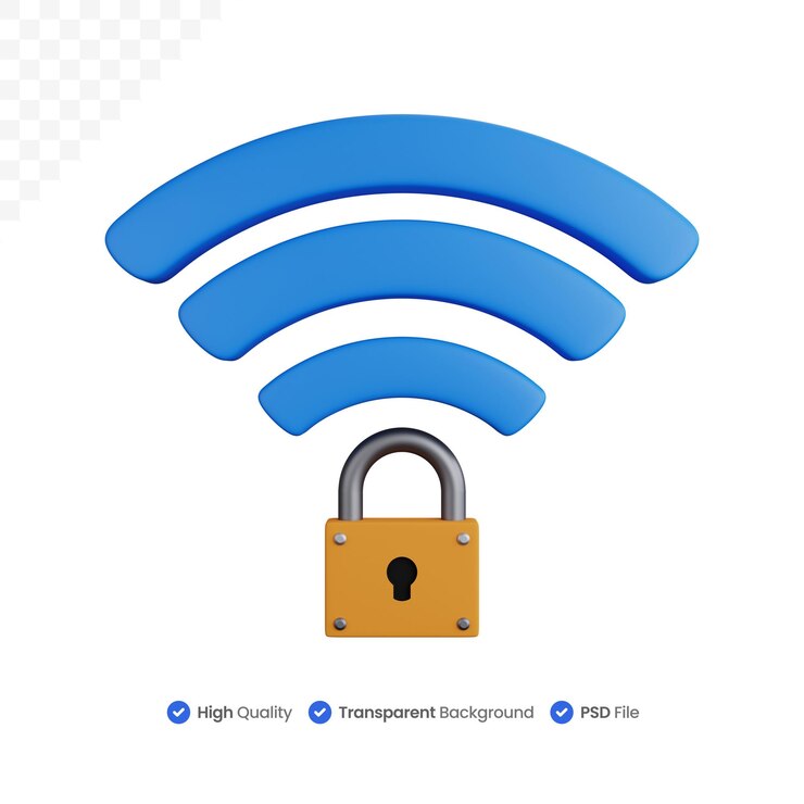 PSD logotipo de señal wifi de renderizado 3d con candado debajo aislado
