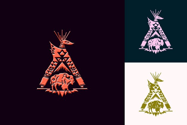 PSD logotipo tradicional sioux con un teepee y un búfalo para la decoración diseños vectoriales abstractos creativos