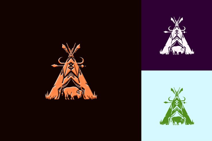 PSD logotipo tradicional sioux con un teepee y un búfalo para la decoración diseños vectoriales abstractos creativos