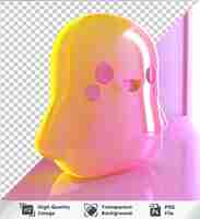 PSD el logotipo transparente de snapchat 3d di atas meja rosa con paredes reflejos rosados brillantes se ven en el frente