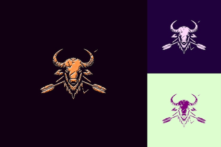 PSD logotipo vintage de búfalo nativo americano con flechas y plumas diseños vectoriales abstractos creativos