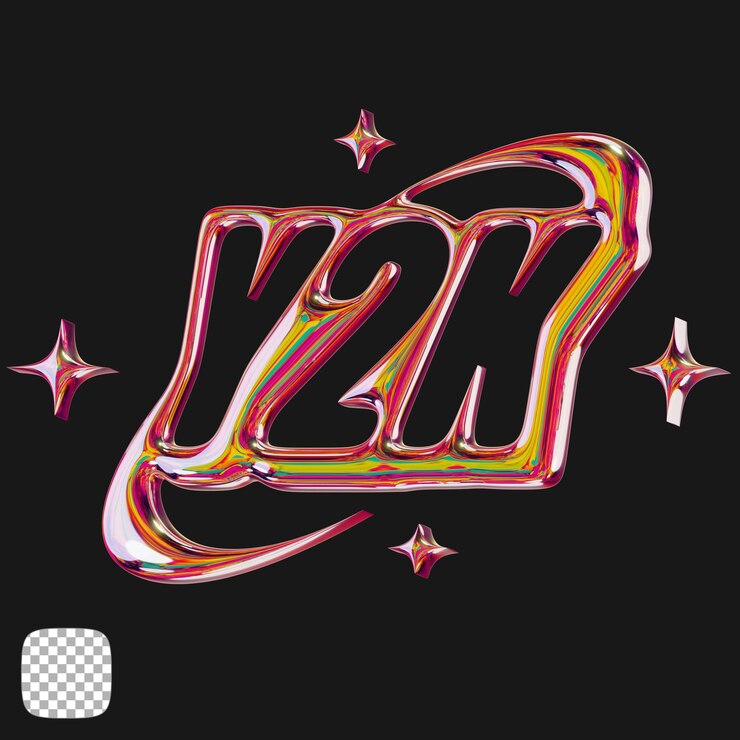 PSD logotipo y2k rendering en 3d de forma metálica sobre un fondo transparente